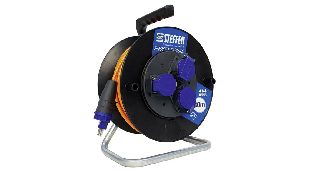 Extension Cable Reel PROFESSIONAL Black 1.5mm² IP55 PUR 30m 3x CH Type J (T23) Socket - CH Type J (T23) Plug
